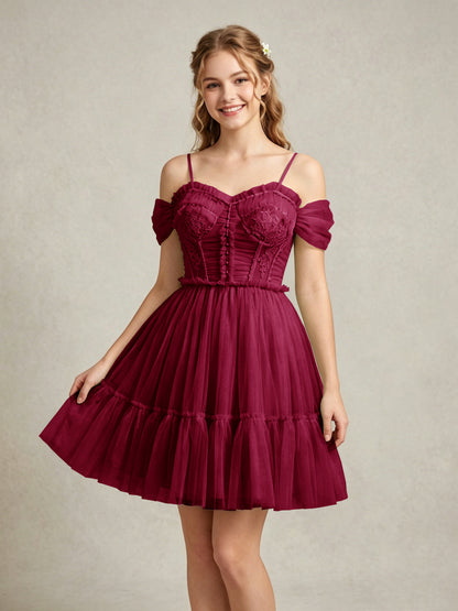 Cold Shoulder Lilac Tulle Dresses with Corset Bodice and Lace Appliques