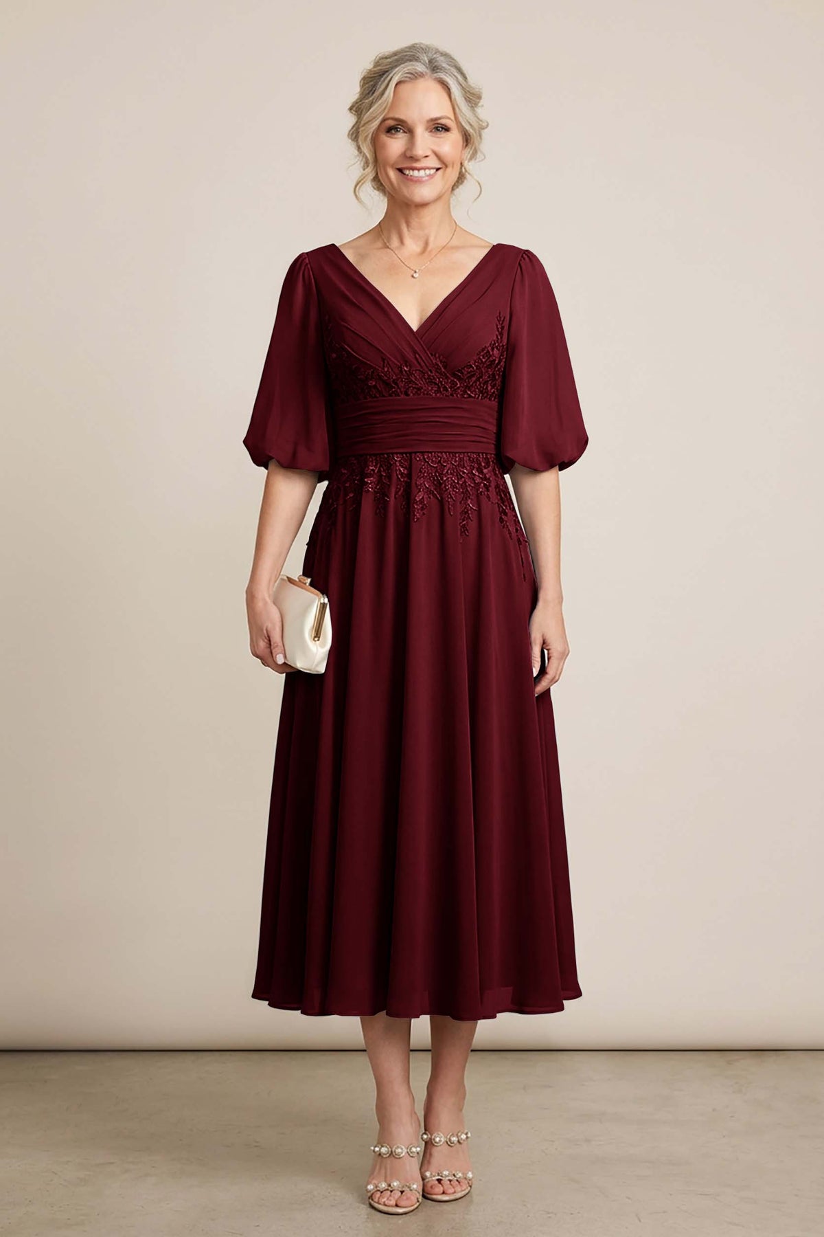 Dusty Blue V-Neck Lace Chiffon Tea-Length Mother Dresses