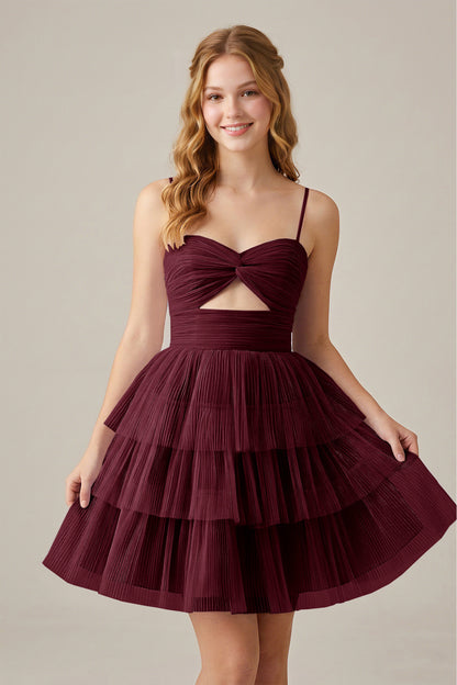 Olive Green Sleeveless Pleated Tulle Cutout Tiered Homecoming Dresses