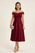Peach Pink Off Shoulder Imitation Stretch Satin Tea-Length Mother Dresses