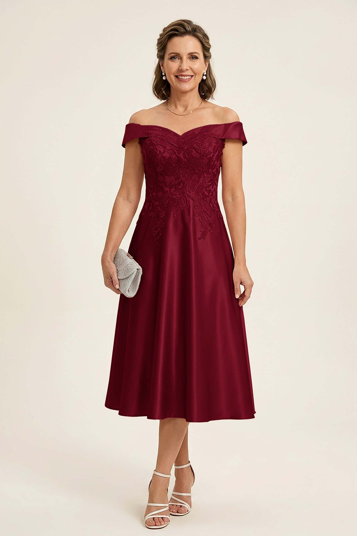 Peach Pink Off Shoulder Imitation Stretch Satin Tea-Length Mother Dresses