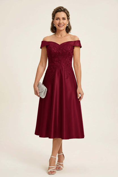 Peach Pink Off Shoulder Imitation Stretch Satin Tea-Length Mother Dresses