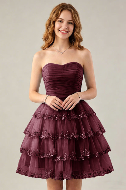Strapless Light Blue Tulle Tiered Homecoming Dresses with Beaded Lace Trim