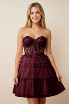 Strapless Misty Rose Lace Illusion Corset Glitter Tulle Homecoming Dresses