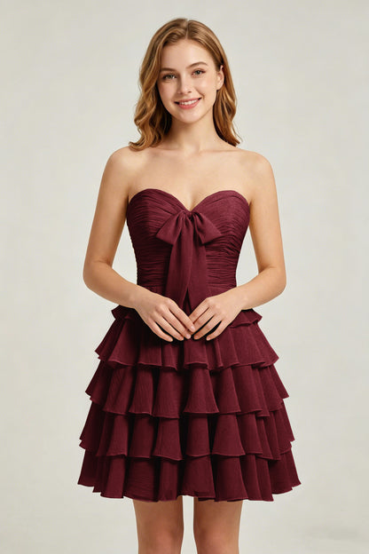 Strapless Yellow Chiffon Tiered Short Homecoming Dresses with Bow