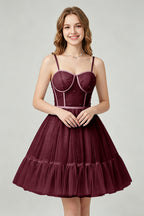 Sweetheart Neckline Brown Tulle Corset Homecoming Dresses with Pearl Accents
