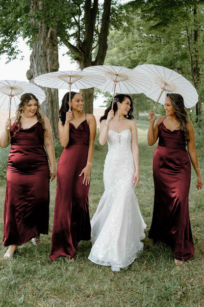 Hunter Green Cowl Neck Sheath Sleeveless Satin Bridesmaid Dresses