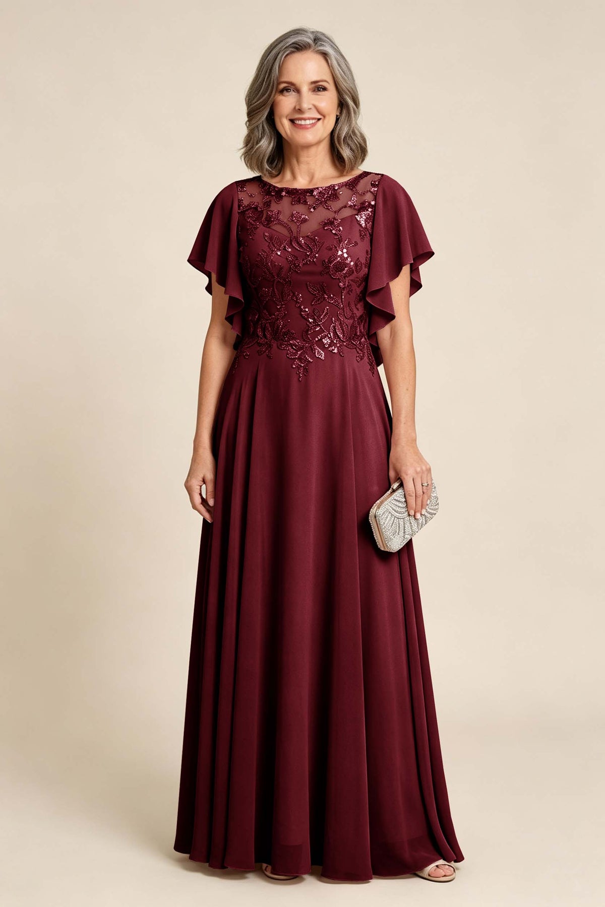 Lilac Scoop Neck Flutter Sleeve Lace Appliques Chiffon Mother Dresses