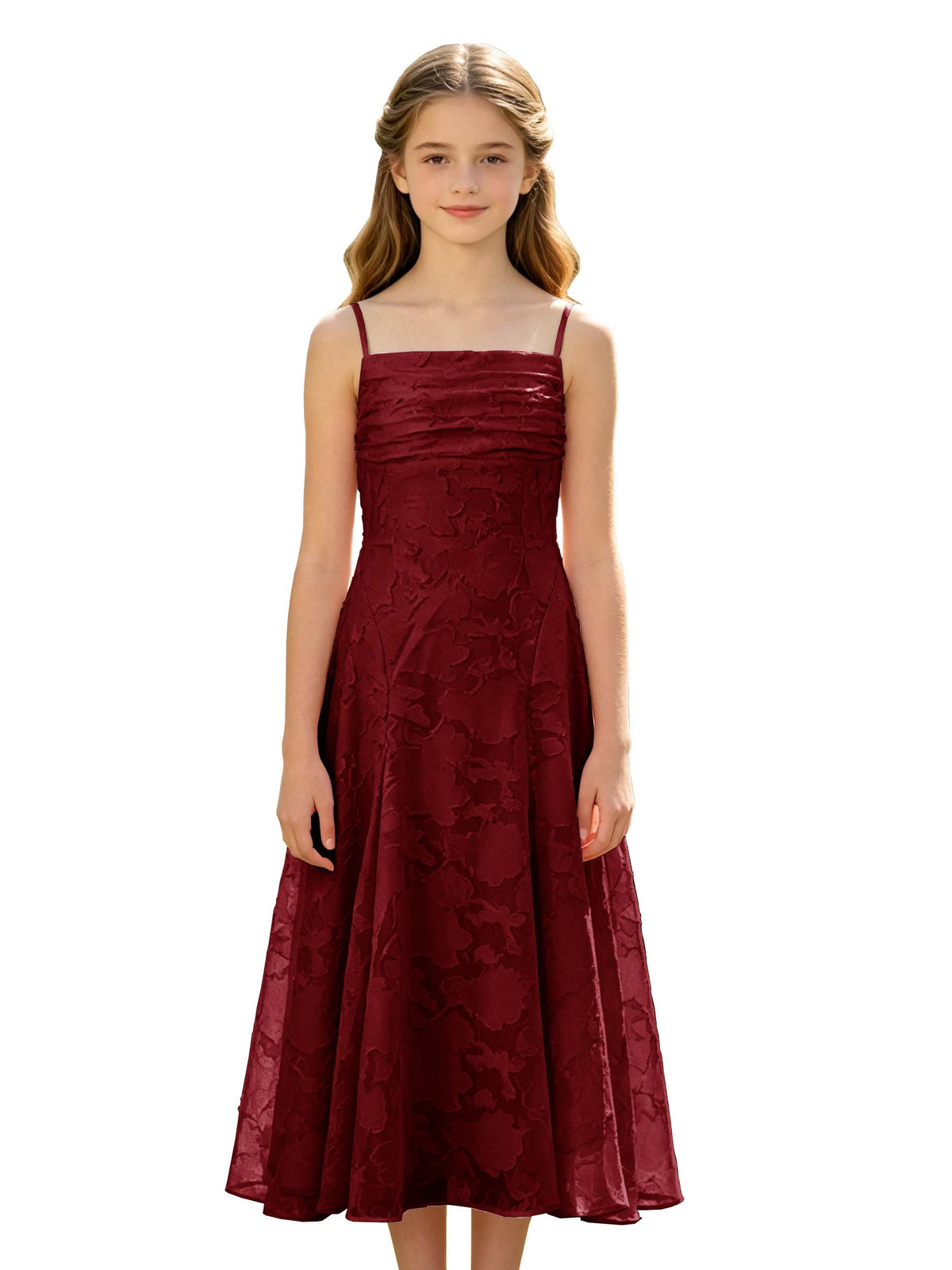 Elegant Pink Floral Jacquard A-Line Flower Girl Dress with Spaghetti Straps
