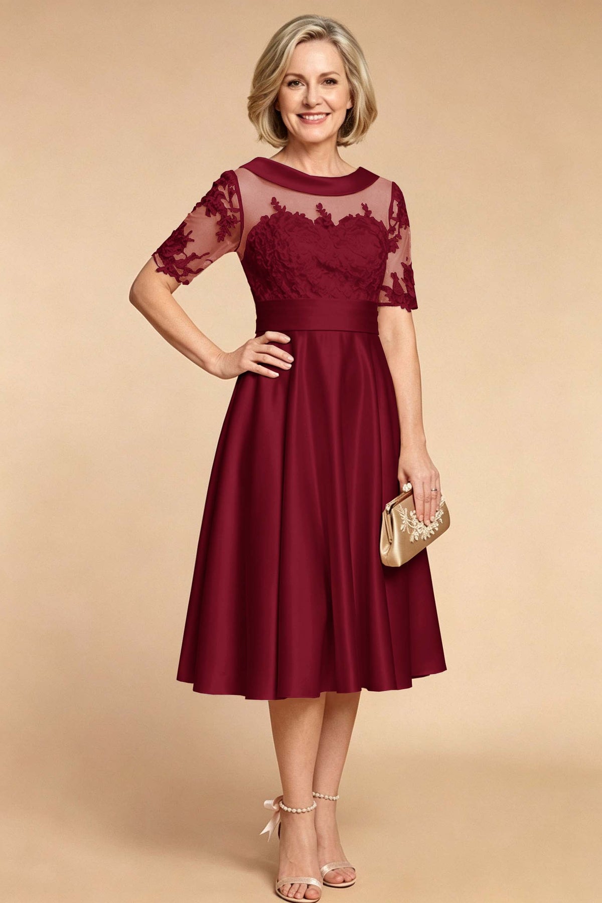 Champagne Imitation Stretch Satin Elbow Sleeve Tea-Length Mother Dresses