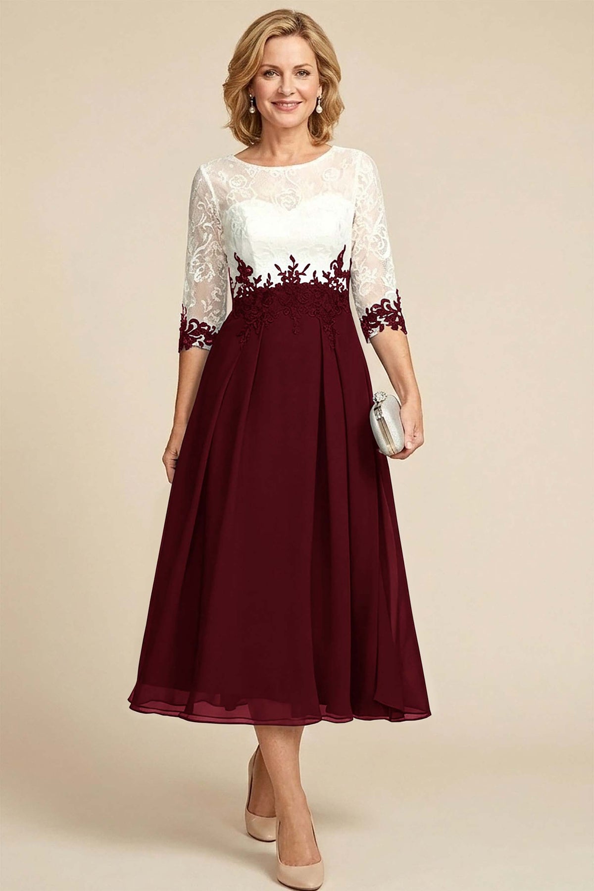 Navy Blue 3/4 Sleeve Two-Tone Lace Chiffon Mother Dresses