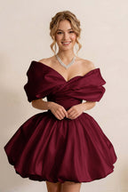 Ivory Off-the-Shoulder Bubble Hem Satin Homecoming Dresses