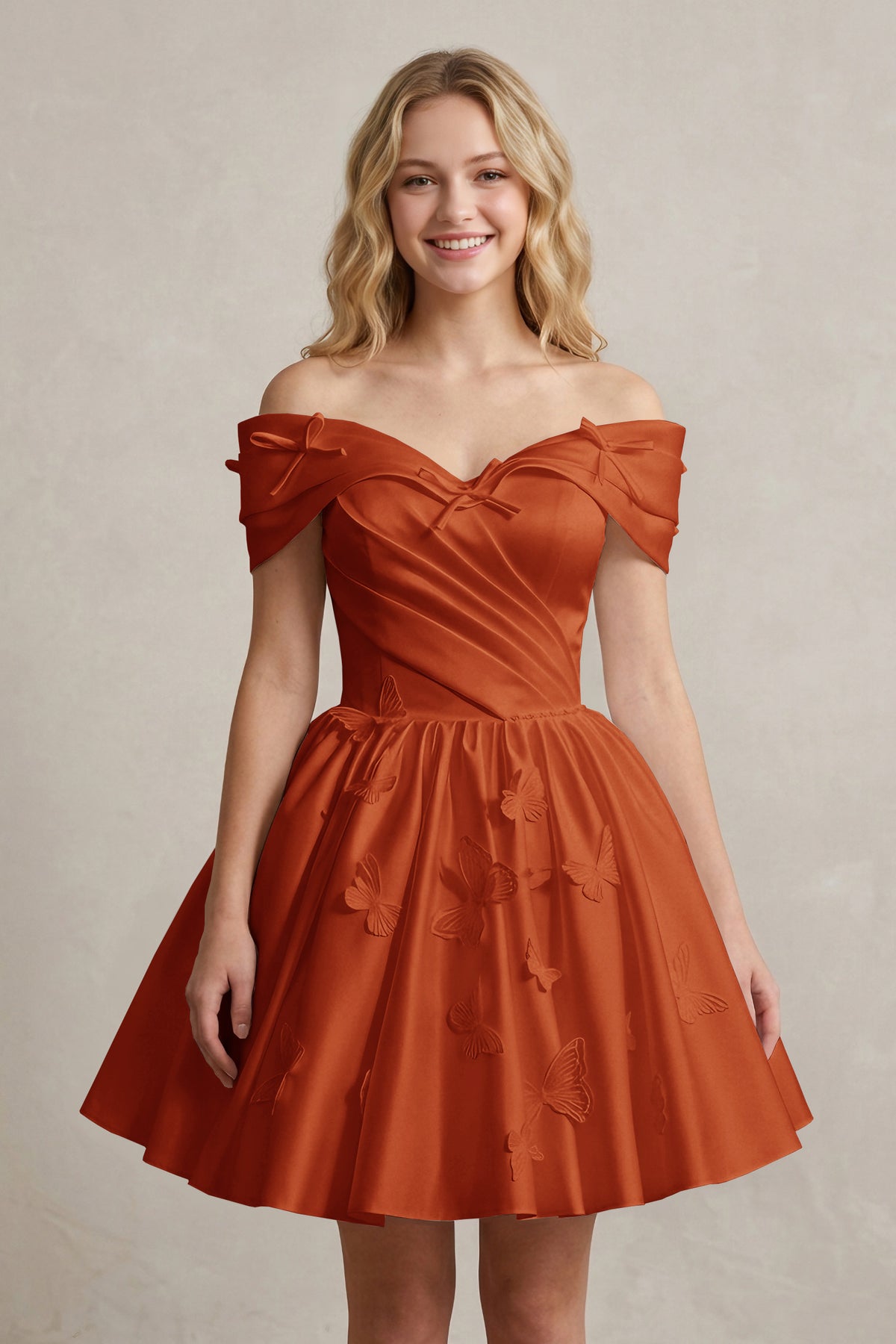 A Line Off Shoulder Ivory Satin Short Homecoming Dresses
