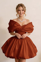 Ivory Off-the-Shoulder Bubble Hem Satin Homecoming Dresses