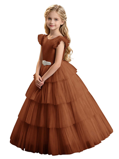 Sky Blue Tiered Tulle Flower Girl Dress with Rhinestone Belt & V-Back