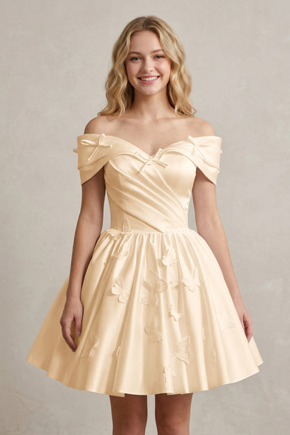 A Line Off Shoulder Ivory Satin Short Homecoming Dresses