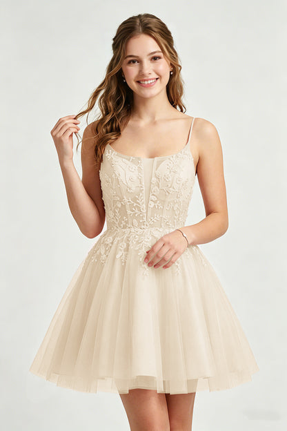 A Line Spaghetti Straps Pink Tulle Homecoming Dresses With Sequins