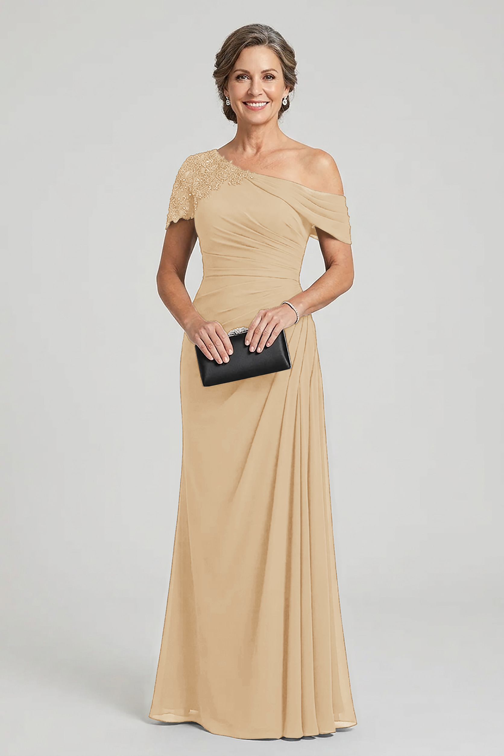 Black One-Shoulder Beaded Ruched Chiffon Mother Dresses