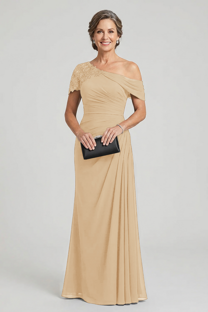 Black One-Shoulder Beaded Ruched Chiffon Mother Dresses