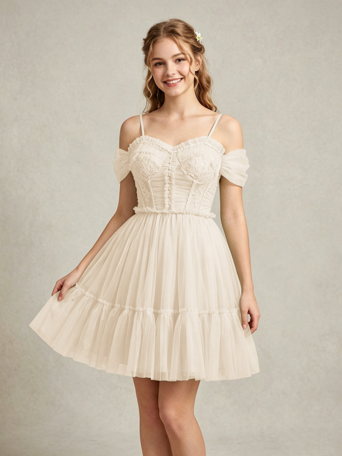 Cold Shoulder Lilac Tulle Dresses with Corset Bodice and Lace Appliques