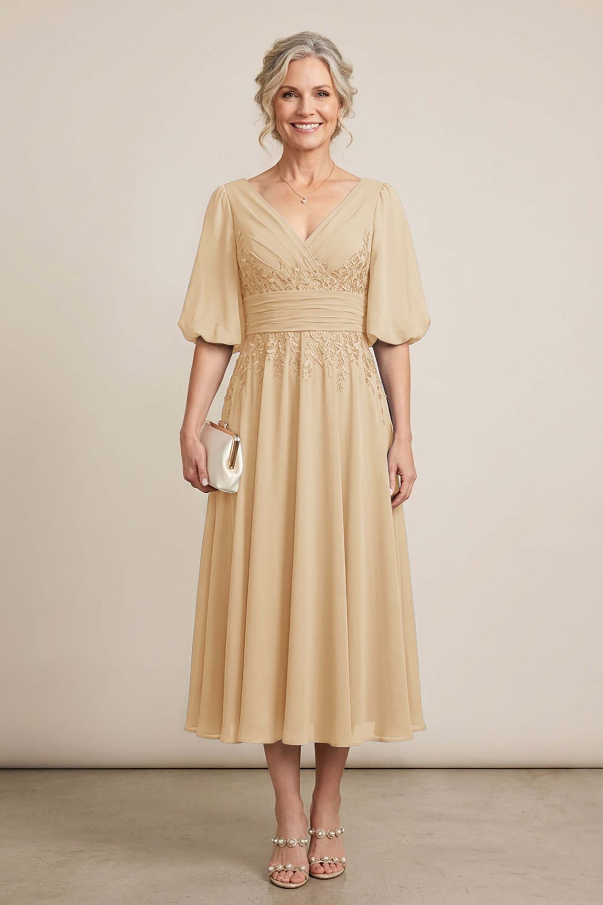 Dusty Blue V-Neck Lace Chiffon Tea-Length Mother Dresses