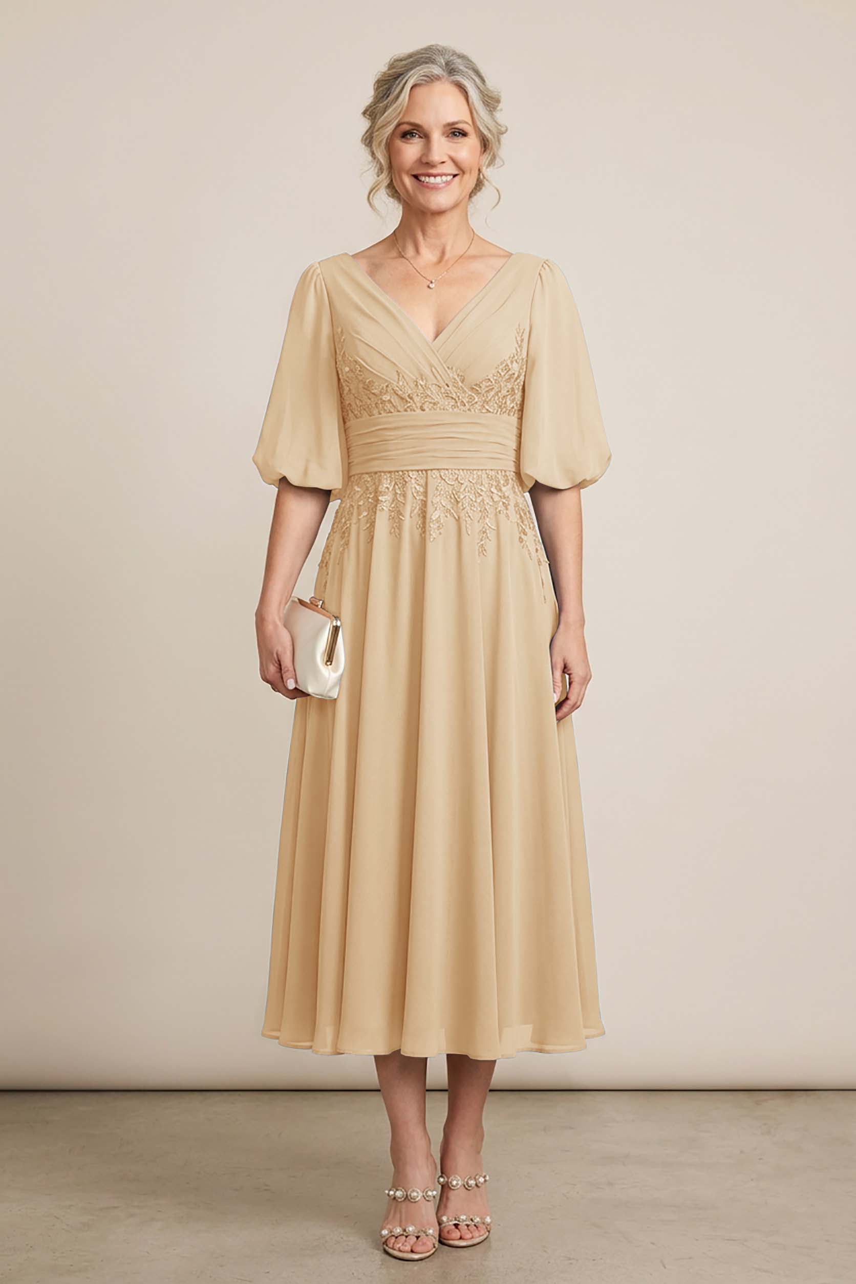 Dusty Blue V-Neck Lace Chiffon Tea-Length Mother Dresses
