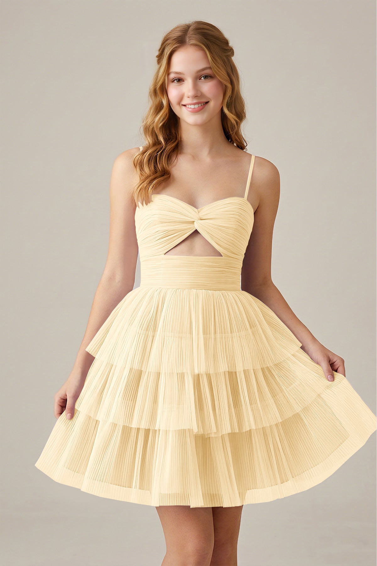 Olive Green Sleeveless Pleated Tulle Cutout Tiered Homecoming Dresses