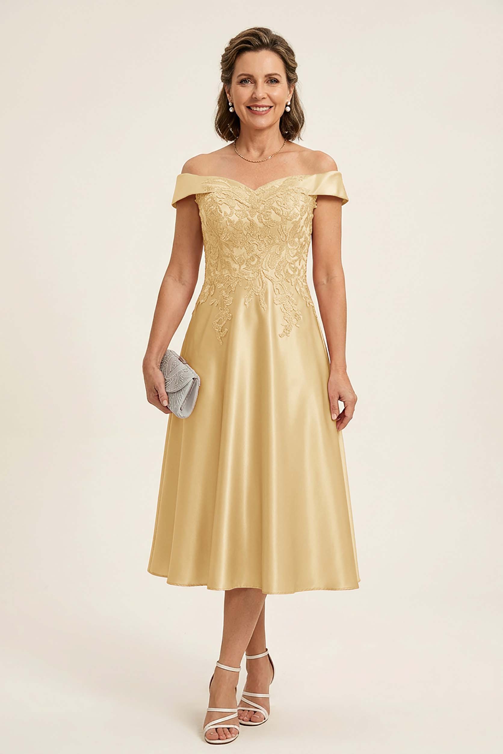 Peach Pink Off Shoulder Imitation Stretch Satin Tea-Length Mother Dresses