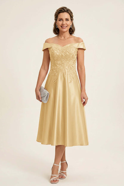 Peach Pink Off Shoulder Imitation Stretch Satin Tea-Length Mother Dresses