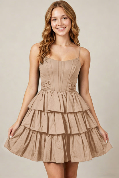 Spaghetti Straps Black Taffeta Tiered Mini Homecoming Dresses