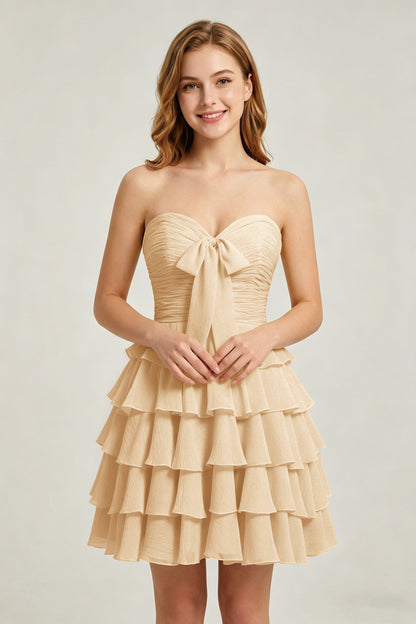 Strapless Yellow Chiffon Tiered Short Homecoming Dresses with Bow