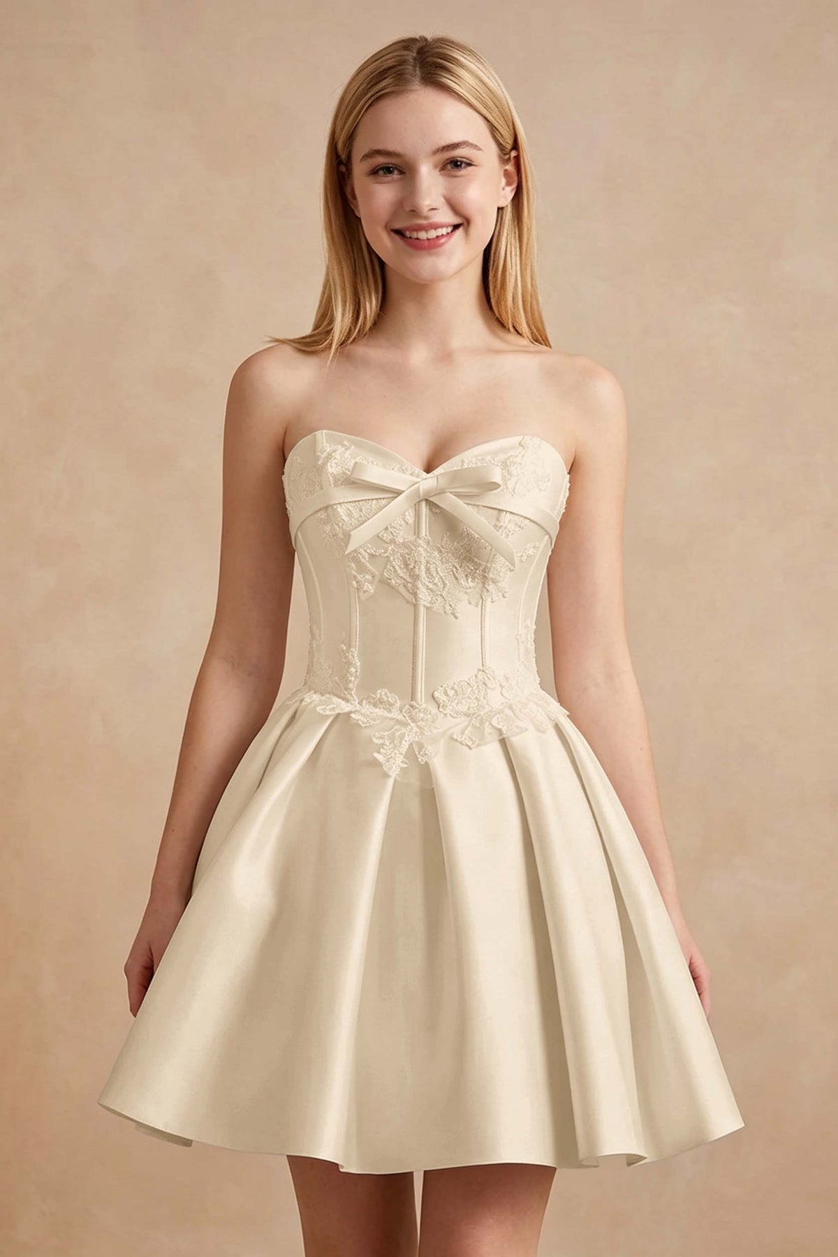 White Strapless Satin Corset Short Homecoming Dresses with Bow