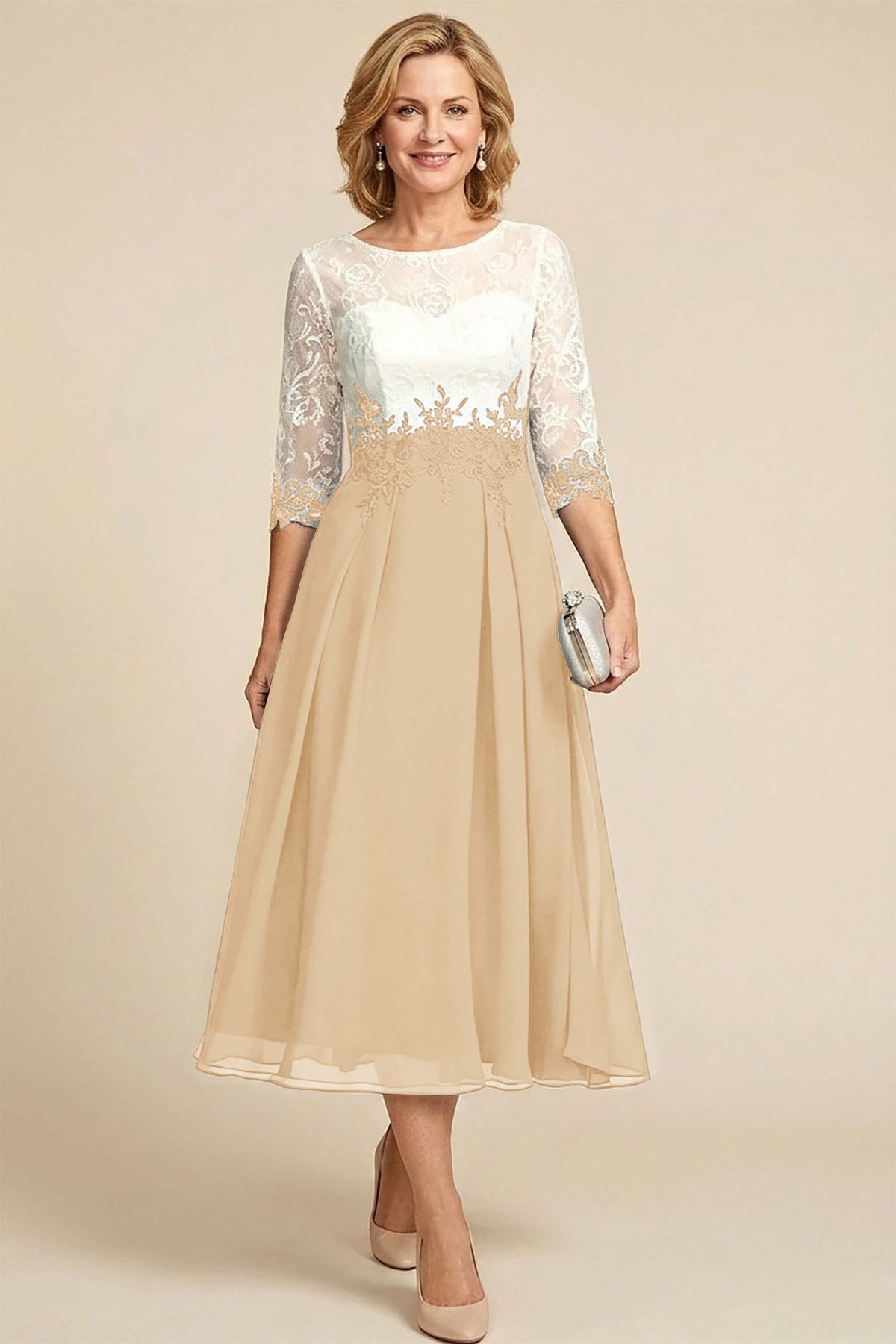 Navy Blue 3/4 Sleeve Two-Tone Lace Chiffon Mother Dresses