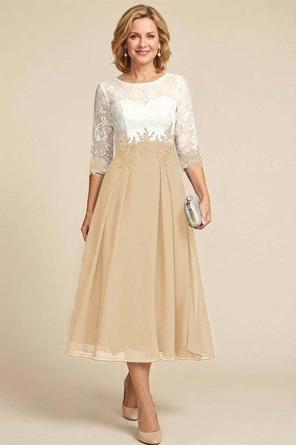 Navy Blue 3/4 Sleeve Two-Tone Lace Chiffon Mother Dresses