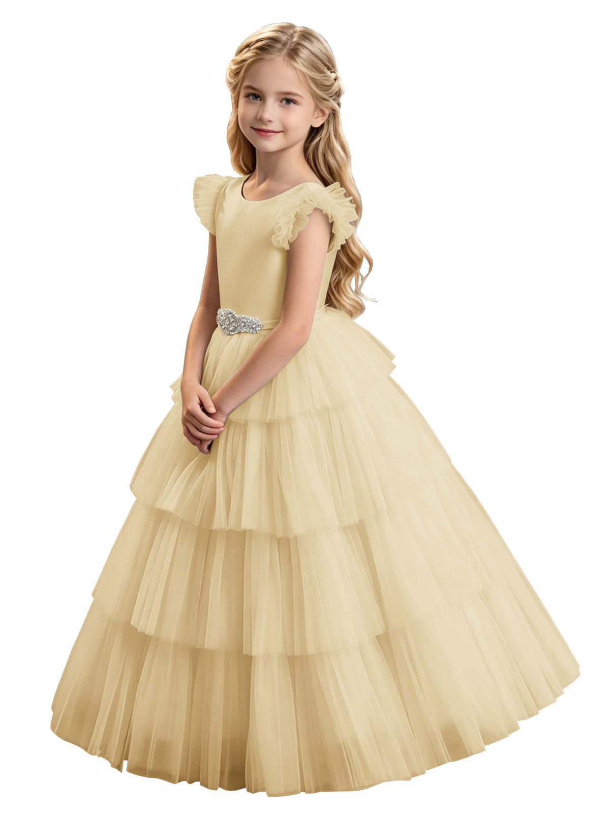Sky Blue Tiered Tulle Flower Girl Dress with Rhinestone Belt & V-Back