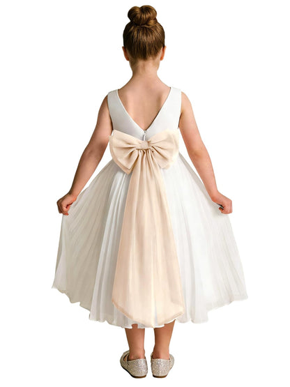 Elegant A-Line Pleated Chiffon Flower Girl Dress with Big Bow Sash