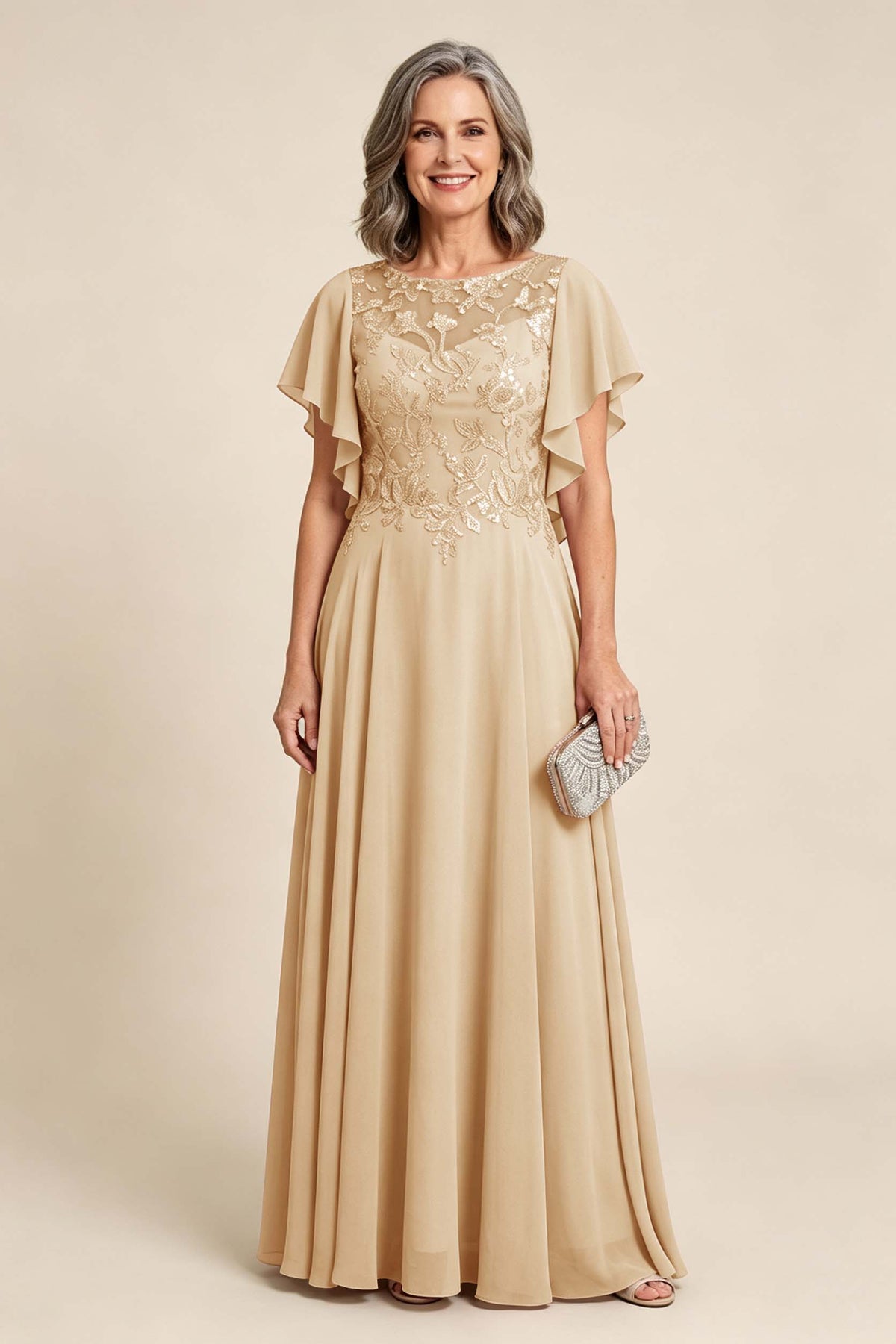 Lilac Scoop Neck Flutter Sleeve Lace Appliques Chiffon Mother Dresses