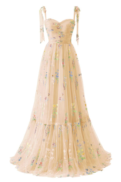Black Floral Embroidery Tulle Flower Girl Dress with Tie Straps