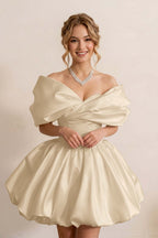 Ivory Off-the-Shoulder Bubble Hem Satin Homecoming Dresses