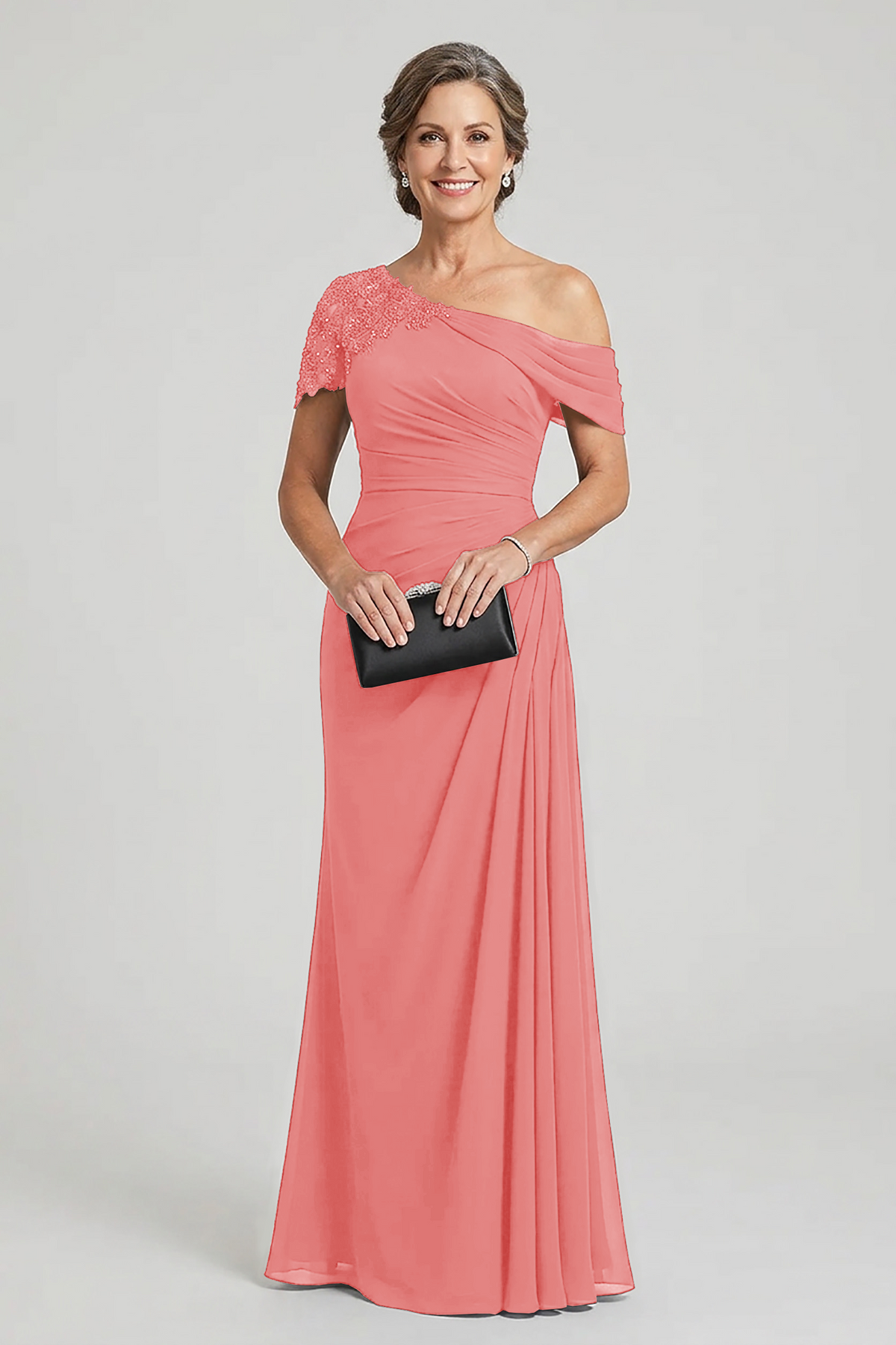 Black One-Shoulder Beaded Ruched Chiffon Mother Dresses