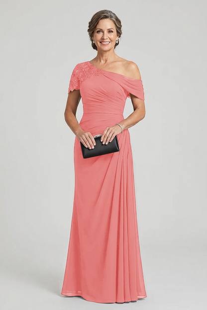 Black One-Shoulder Beaded Ruched Chiffon Mother Dresses
