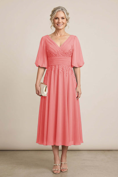 Dusty Blue V-Neck Lace Chiffon Tea-Length Mother Dresses