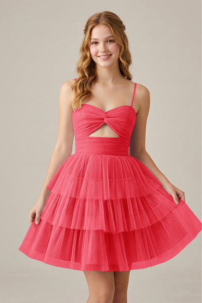 Olive Green Sleeveless Pleated Tulle Cutout Tiered Homecoming Dresses