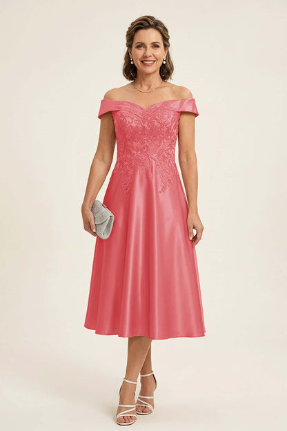 Peach Pink Off Shoulder Imitation Stretch Satin Tea-Length Mother Dresses