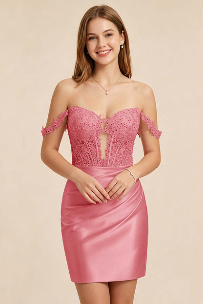 Light Pink Lace Illusion Corset Stretch Satin Mini Homecoming Dresses