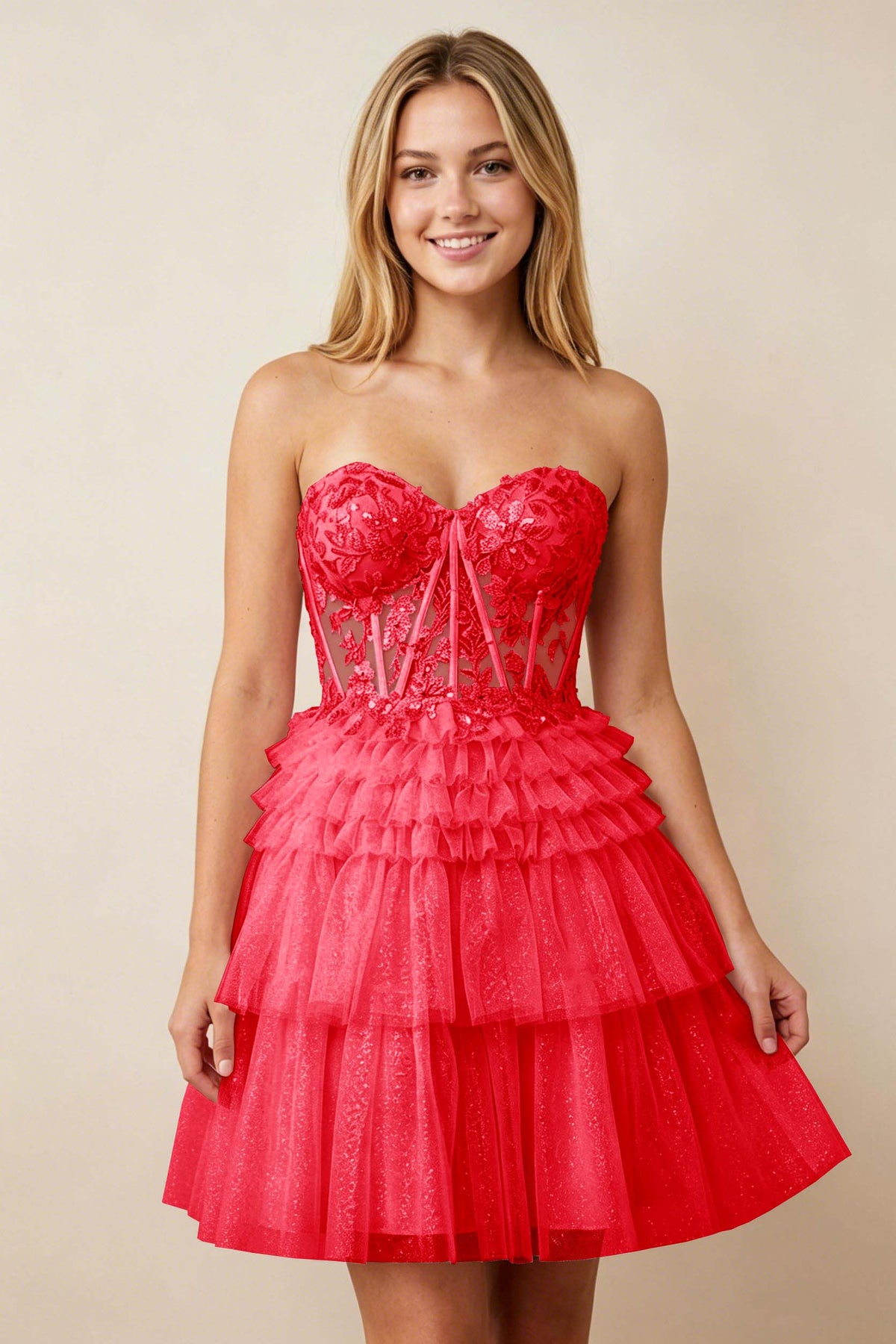 Strapless Misty Rose Lace Illusion Corset Glitter Tulle Homecoming Dresses
