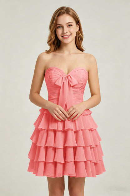 Strapless Yellow Chiffon Tiered Short Homecoming Dresses with Bow
