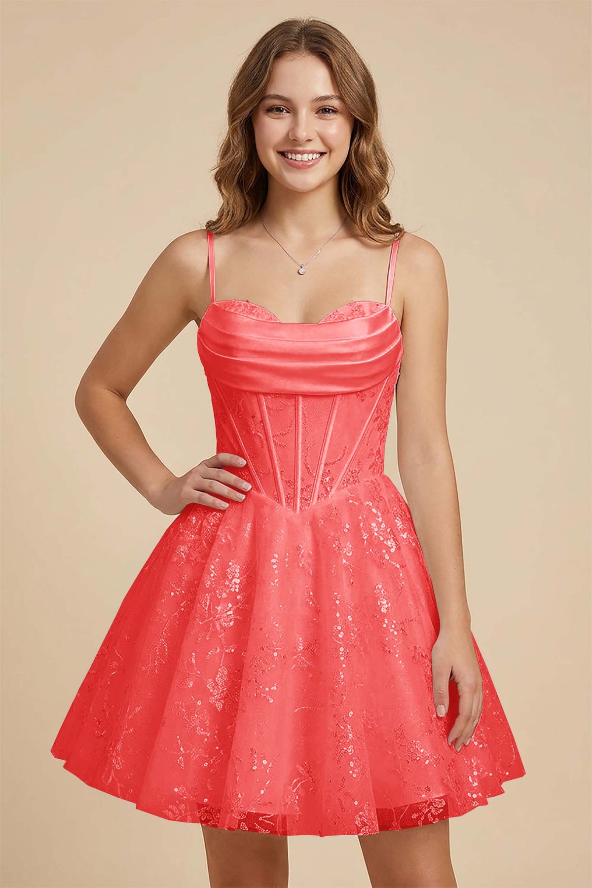 White Cowl Neck Sequin Satin Corset Homecoming Dresses