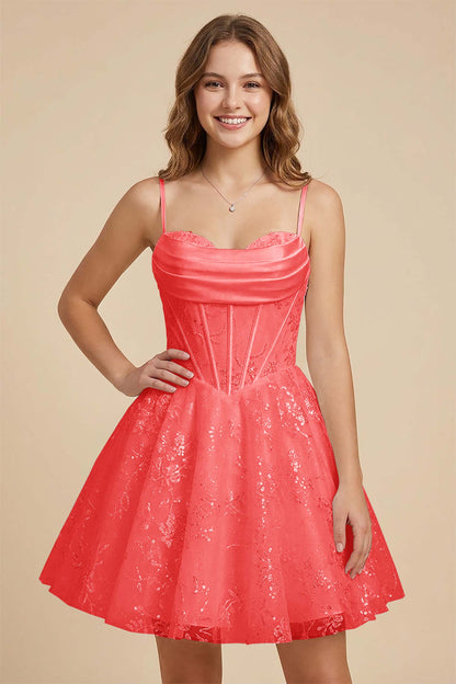 White Cowl Neck Sequin Satin Corset Homecoming Dresses