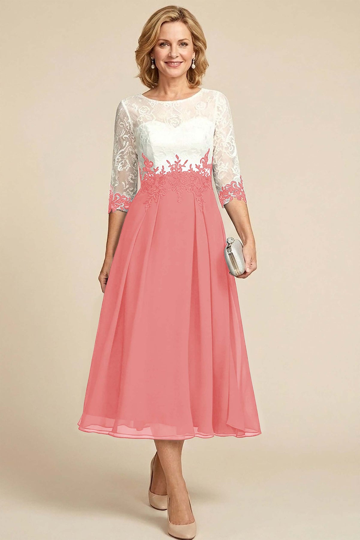 Navy Blue 3/4 Sleeve Two-Tone Lace Chiffon Mother Dresses
